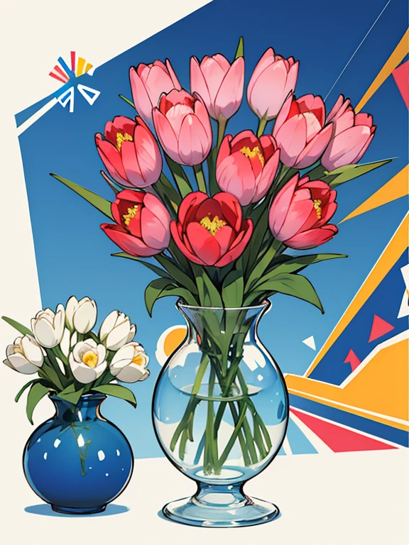 Angular geometric shapes, Random modern geometric pattern background, Tulips close-up, sketch, Modern Art, Vibrant colors, Colorful flowers, vase