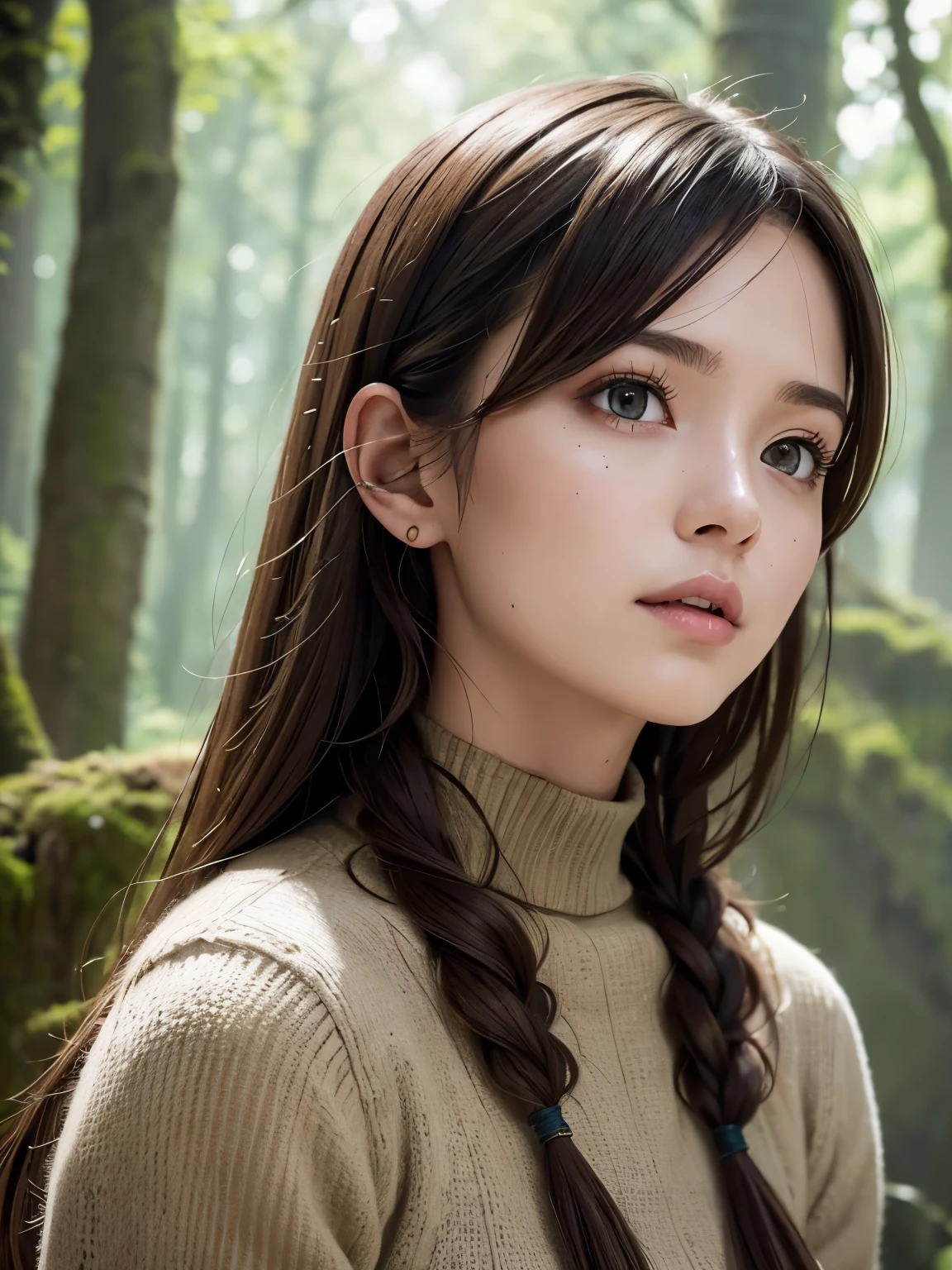 Ruins, girl, looking up, brown hair, bobbed hairstyle, light through trees, moss, rubble, flying birds, masterpiece, top quality, super detailed, super detailed, 4K, 8K, ((clearly drawn face)), (beautiful detailed eyes, super detailed skin))