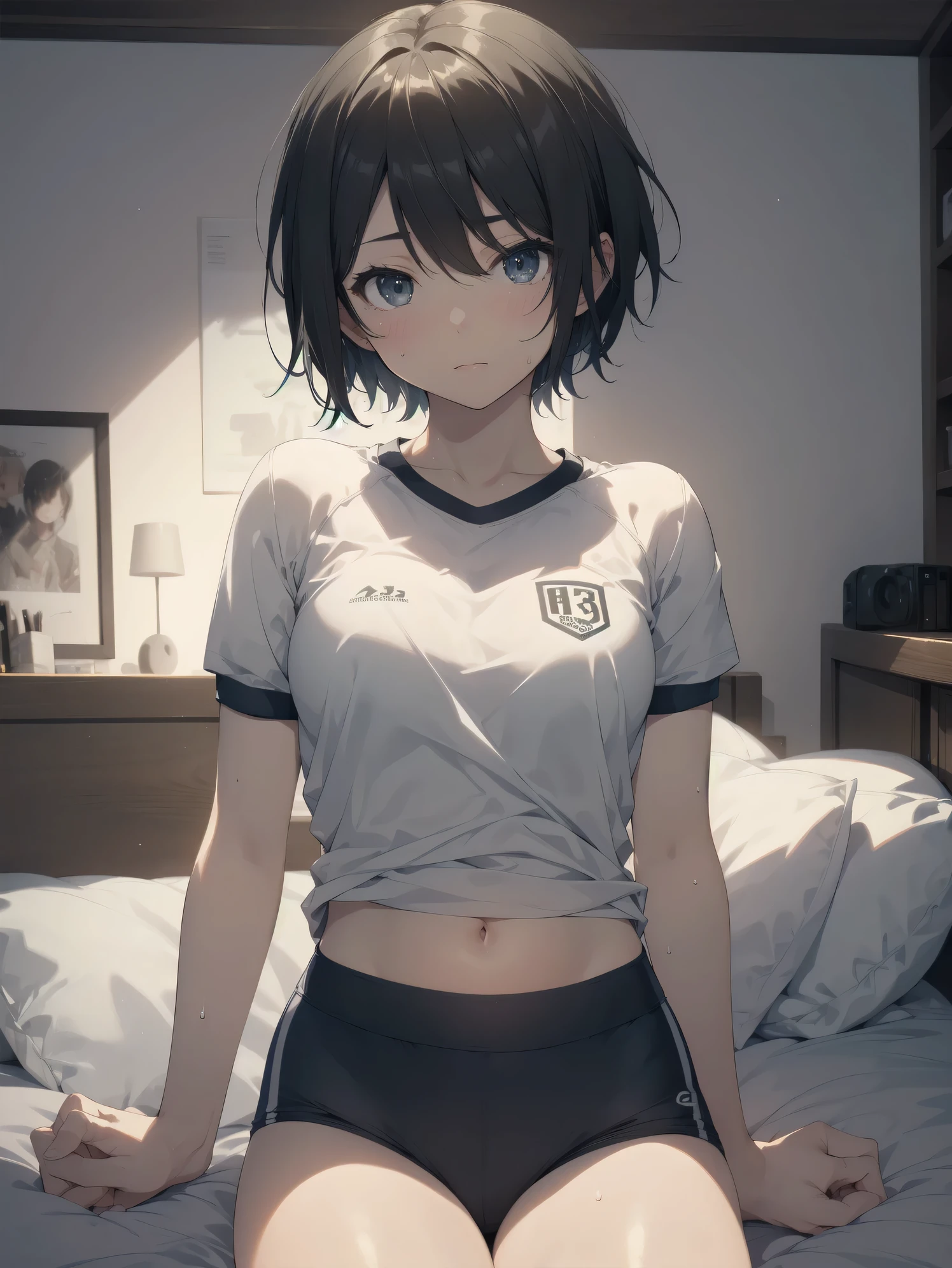 ultra-absurdres-Top quality by artist God, ultra-detailed, high resolution, anime moe artstyle, best anime 8k konachan wallpaper, pixiv contest winner, JAV cover, perfect anatomy,break, 1girl, (Please draw a girl sitting sleepily on bed. )break,(Solo,little female, 13-year-old:1.3),Full limbs, complete fingers,a junior high school student, (very short hair), short cut, Soft flat chest,groin, small butt, small black eyes, beautiful detailed eyes, well-proportioned iris and pupils, expressive eyes, highres detailed hair, sweat, soft expression, gym uniform, gym shorts, Soft thighs,(Detailed Lighting), (Detailed background),Sexual beds, in the bedroom. break,super detailed skin, shiny skin, Best sexuall lighting powered by famous artist, 8k,beauty illustration,photoshop_(medium),very aesthetic,break,((artist:kashikaze )), artist:fujiyama, artist:carnelian, artist:kantoku,