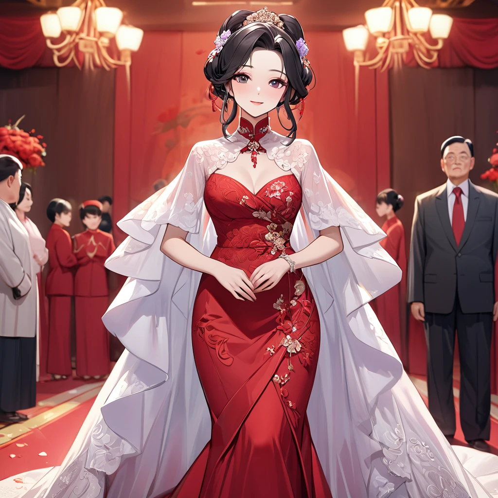 ((Highest quality)), ((masterpiece)), (detailed), （Perfect Face）、The woman is a Chinese woman named Kocho Shinobu.。, Purple gradient bob black hair and formal evening hairstyles. She is wearing an engagement ring. She is a prominent member of the Chinese Communist Party.、She is the wife of a great old Communist Party official.、The woman is beautifully dressed in a gorgeous red wedding dress typical of the Chinese Communist Party, and she loves her husband dearly and is happy to be his wife.、She was photographed alone at a wedding venue on a red carpet aisle.、The woman is the most gorgeous, most dazzling, most beautiful Chinese woman, and has been perfected as the best bride.