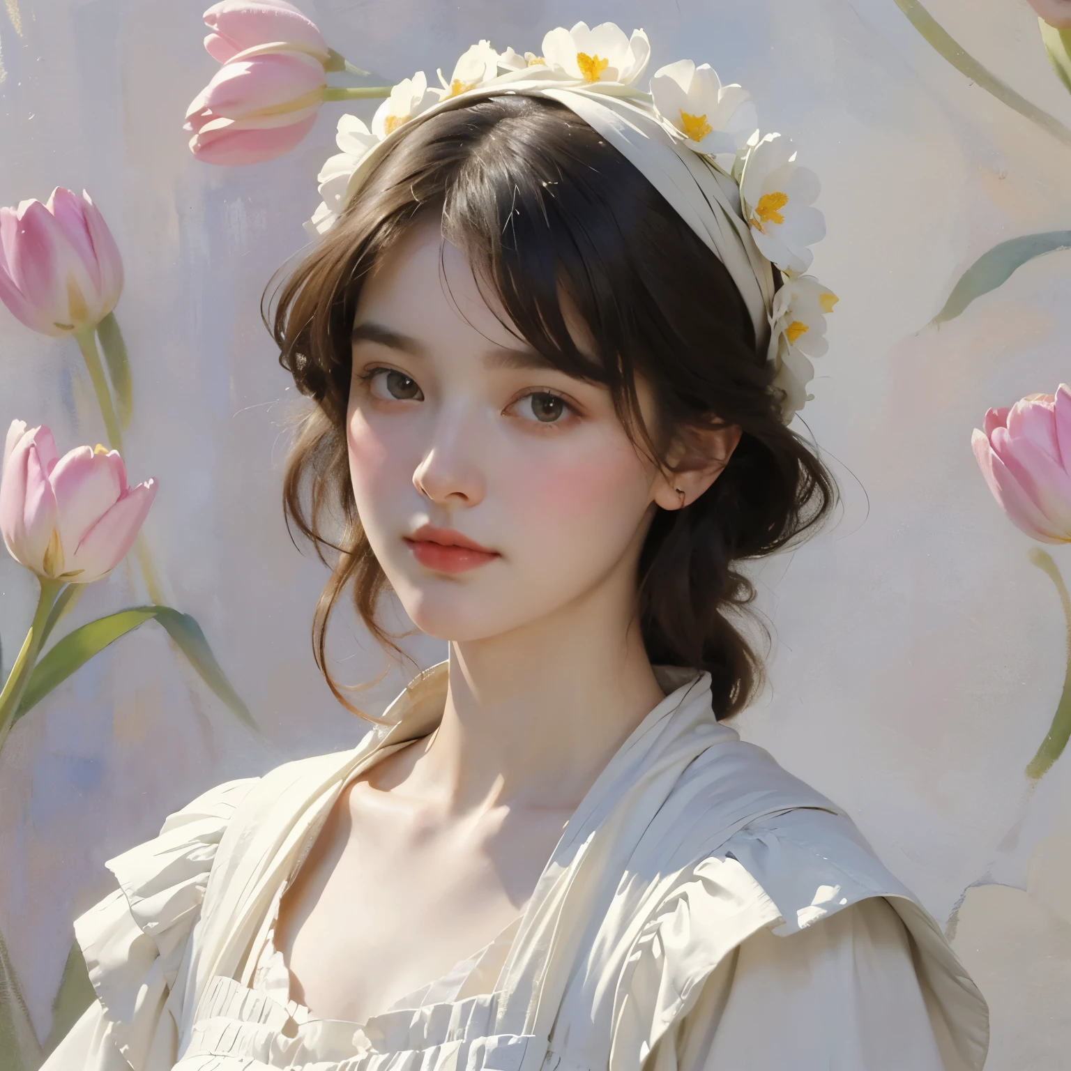 (Sargent-style watercolor)、(Edmund Leighton Style)、(Highest quality、masterpiece)、Portrait of a beautiful and delicate girl, Playful and cute, (Tulip flowers background:1.2)、romantic、Soft Light、((White Background))、((Blank Background))、
