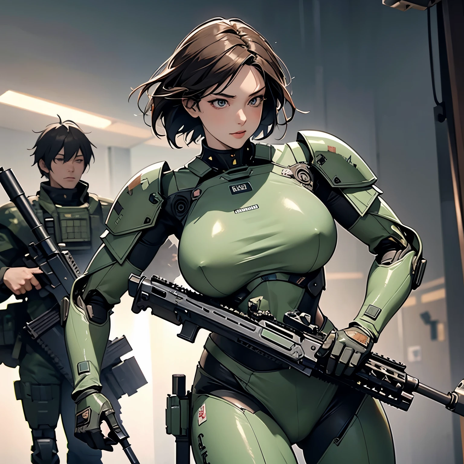 nsfw, anime screencap, 16K, perfect anatomy proportion body, perfect hands, action, A dynamic composition with a sense of speed and movement, (Hold an assault rifle:1.6), a wife, 40age, perfect beautiful delicate sexy face, perfect beautiful delicate eyes, brown hair, short bob hair, gigantic tits, Camouflage colored heavy armor robotic steam engine full armor powered suit, Many robot soldiers having a gunfight in the background, Flying bullets, Urban battlefields, war, cyber punk,