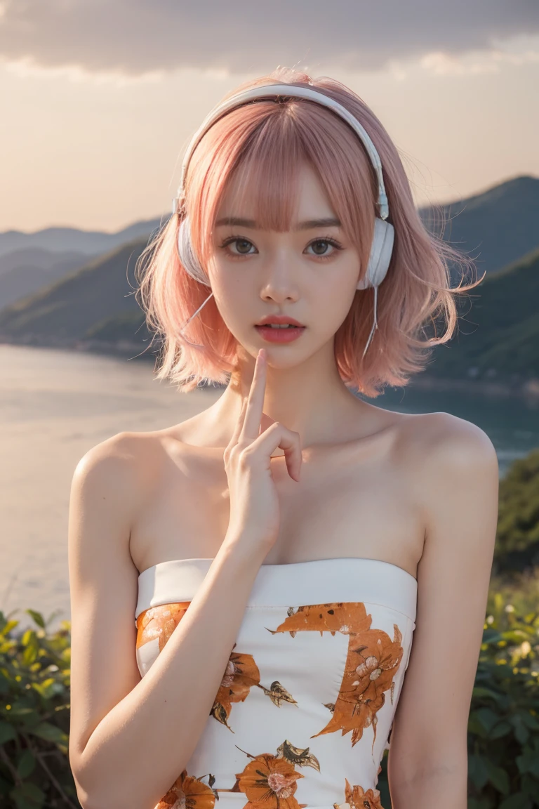 Top Quality, Masterpiece, Super High Resolution, (Actual:1.3), Original Photo, (Nature Photography), (Magnificent mountaintop, Sea of clouds), (Very wide mountain top), (Sunset), (Girl), (Upper body), (Natural Light: 1.0), (Side View: 0.0), (Cowboy Shot: 0.0), (upper body: 1.8), (Close-up: 0.8), Portrait, Cinematic Lighting, Glow, Ray tracing, reflected light, f135mm, UHD, accurate, skin texture, super detail, great detail, high quality, highest quality, 8k, (surrealism: 1.2), BREAK, (Japanese: 1.3), (22 years old: 1.0), (Small breasts: 1.6), (Long, large, slit eyes: 1.8), (Realistic eyes: 1.8), (Height at 165cm: 1.2) , (Transparent white skin: 1.2), (Short curly bright pink hair with bangs: 1.3), (Deep eyeshadow makeup: 1.4), BREAK, (Correct hand: 1.6), (Correct fingertips: 1.6), Sexy pose, (Place hand near cheek: 1.8), BREAK, (Big white headphones: 1.4), (Wearing an orange and white printed strapless dress: 1.3), BREAK, seagull