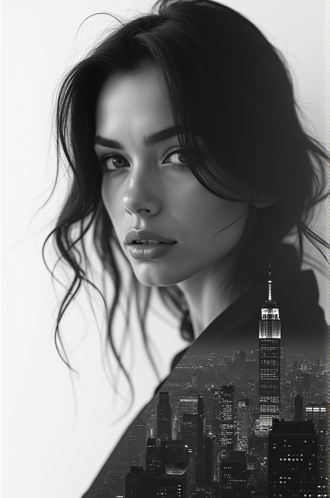 double exposure of a beautiful womans face looks straight in the camera, her skin is absolute clear and wonderful her hair black, the second part of the image is a large city, put the images together with a stroke in the middle, black and white photography, hyper realistic, ultra detailed, award winning photography