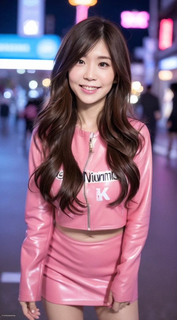 (((Yumikanok))),((Best quality, 8k, Masterpiece :1.3)), 1girl, smiling, full body, slim face, Pretty woman, (Dark brown hair), Thight Leather pink suit,pink short tight skirt, Ultra-detailed face, Detailed eyes, Double eyelid, bokeh background, slim face, night city, neon light,outside, tokyo street,japan