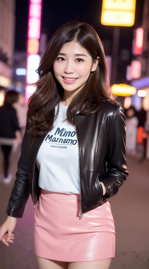 (((Yumikanok))),((Best quality, 8k, Masterpiece :1.3)), 1girl, smiling, full body, slim face, Pretty woman, (Dark brown hair), Thight Leather pink suit,pink short tight skirt, Ultra-detailed face, Detailed eyes, Double eyelid, bokeh background, slim face, night city, neon light,outside, tokyo street,japan
