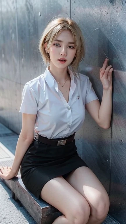 Pretty thai woman blonde hair , (8k, best quality, masterpiece, ultra highres:1.2) Photo of Pretty thai woman beautiful, beautiful enchanting fashion contemporary painting with , (1girl), (white shirt short sleeves), ((black pencil skirt)), belt, ((hand down)), blonde hair , short hair, , realistic skin texture, looks up, (nudity), round chin, 85 mm art lens, f 1. 2, sharp focus, 8 k high definition, insanely detailed, intricate, elegant, large breasts, black skirt