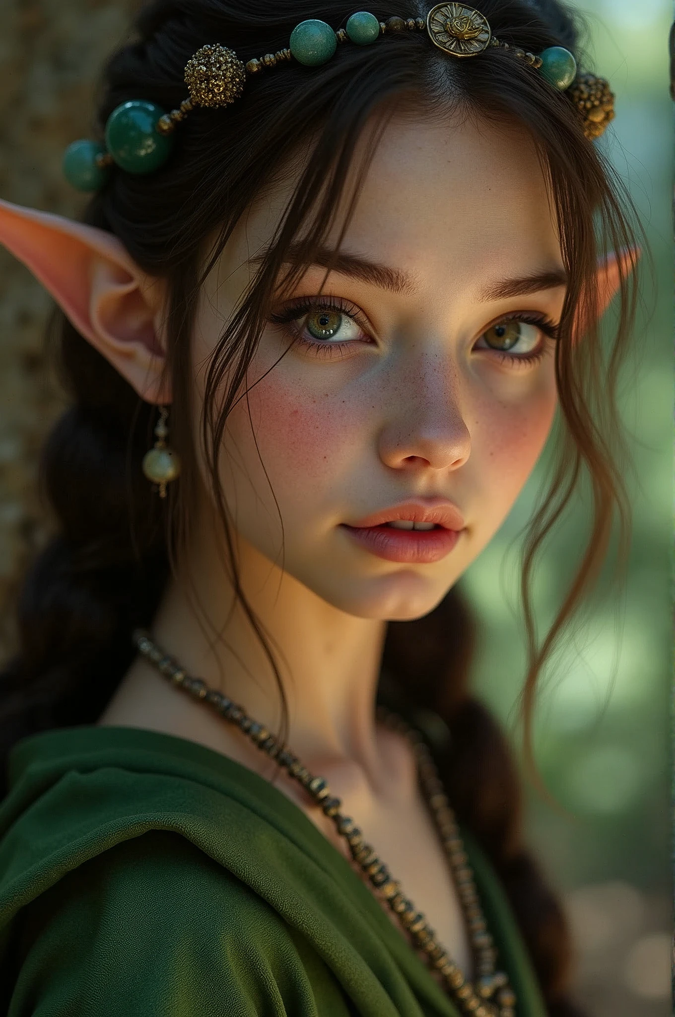 A close up of a young woman wearing a green dress and a green elf ...