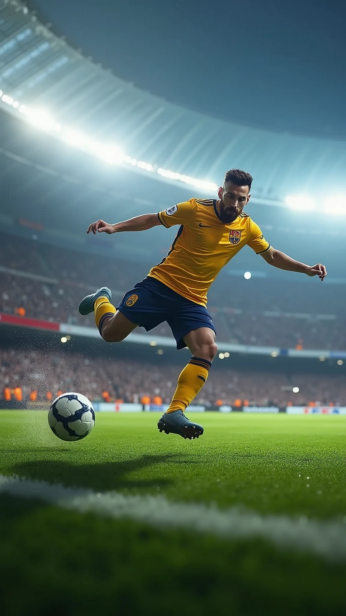 Inside the stadium，Messi，An S-shaped ball，Perfect arc，The ball went in，Photographic grade，Film Style，8K ultra-clear realistic style