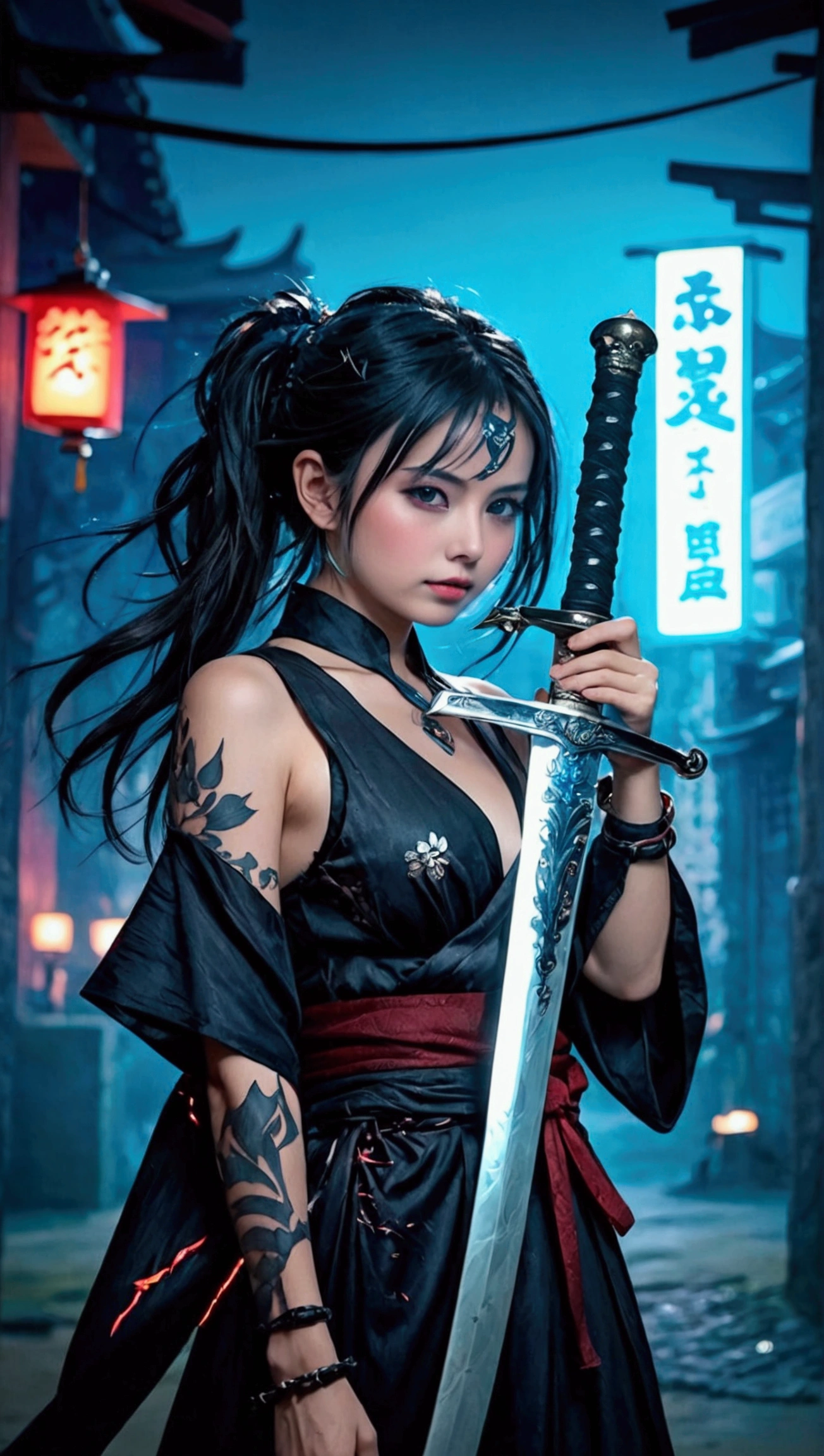 (Japanese sword &reference;Muramasa 2&reference;.2)Beautiful 27 year old woman、Japanese women、Tie your hair back、Hair ornament artist、Shinobi Costume、Warrior、Clear Eyes、{Arm tattoo(SakuraFubuki}&#39;Tattoo on the back、Warrior、(Japanese swordを両手で構える、1.3)(Japanese sword1.2)Intermediate position、(Hold the sword sideways)、whole body、A long-edged sword、Realistic battle scenes、敵Warriorの返りBlood、Blood、High resolution、Highest quality、Very detailed、8k、background、The castle is burning、Sparks fly、