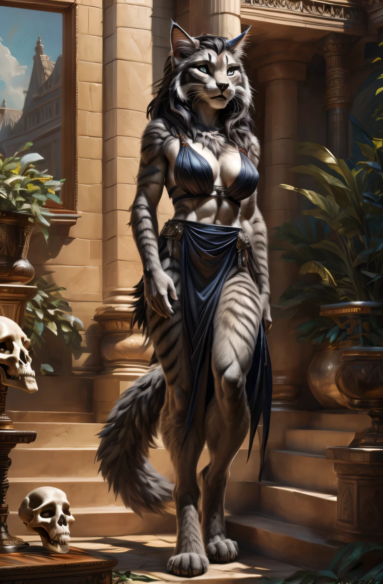 ((Solo)), female, anthro maine coon, girl character, (silverwhite-colored fur, White-silver:1.3), ((cat face, dark hair, Big gray eyes, White eyelids, elegant) (Tough, attractive expression:1.2)), sexy belly, detailed belly button, mesomorph, pinging)), (Correct anatomy), (elegant), (((long torso))), (very slim waist), (Contour bone:1.2), naked, (detailed body), one big tail, (((long legs))), Feet, silver loincloth, obsidian bra, (Realistic fur, Detailed fur texture, labeled:1.3)), (Natural lighting), Hyperrealistic, ultradetailed, by Bonifasko, Ruan Jia, ross tran, Kenket, green field, No artificiality, erect through, Photorealistic, Realism, UHD, retina, masterpiece, accurate, anatomically correct, textured skin, super detail, high details, high quality, award winning, best quality, highres