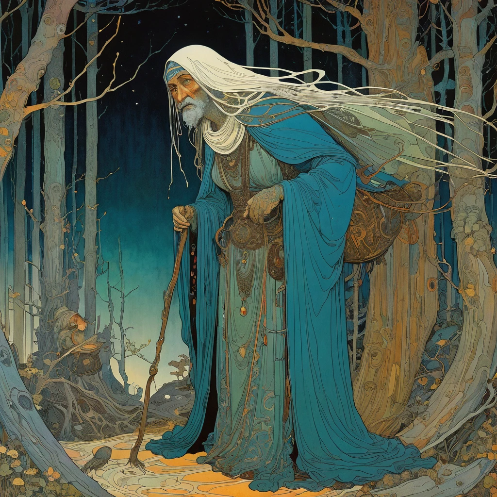 Illustration of Baba Yaga and the Tsarevna in tattered clothes, shoulders and breasts exposed, Moebius and Alphonse Mucha, Vanya Zhuravlev, Alphonse Mucha meets Beksinski, Moebius and Dan Hiller, Baba Yaga, Moebius and Morbacher, Posuka Demizu, Dzo, scary detailed art in colour, Sam Guay, Harry Clarke