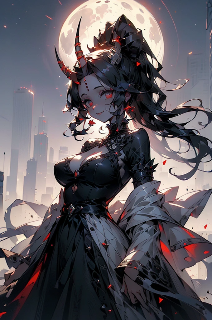 (((beautiful))), (((dress, horn, , ghost, devil))), ((Black Hair, parted bangs, forehead, ponytail)), One Woman, Large Breasts, Cleavage, Waistline, belly button, Glowing Skin, (((Intricate details))), High resolution, ((Intricate details, Ultra-detailed)), Are standing, from front, (looking at viewer, look at viewer), smile, city, night, moon,