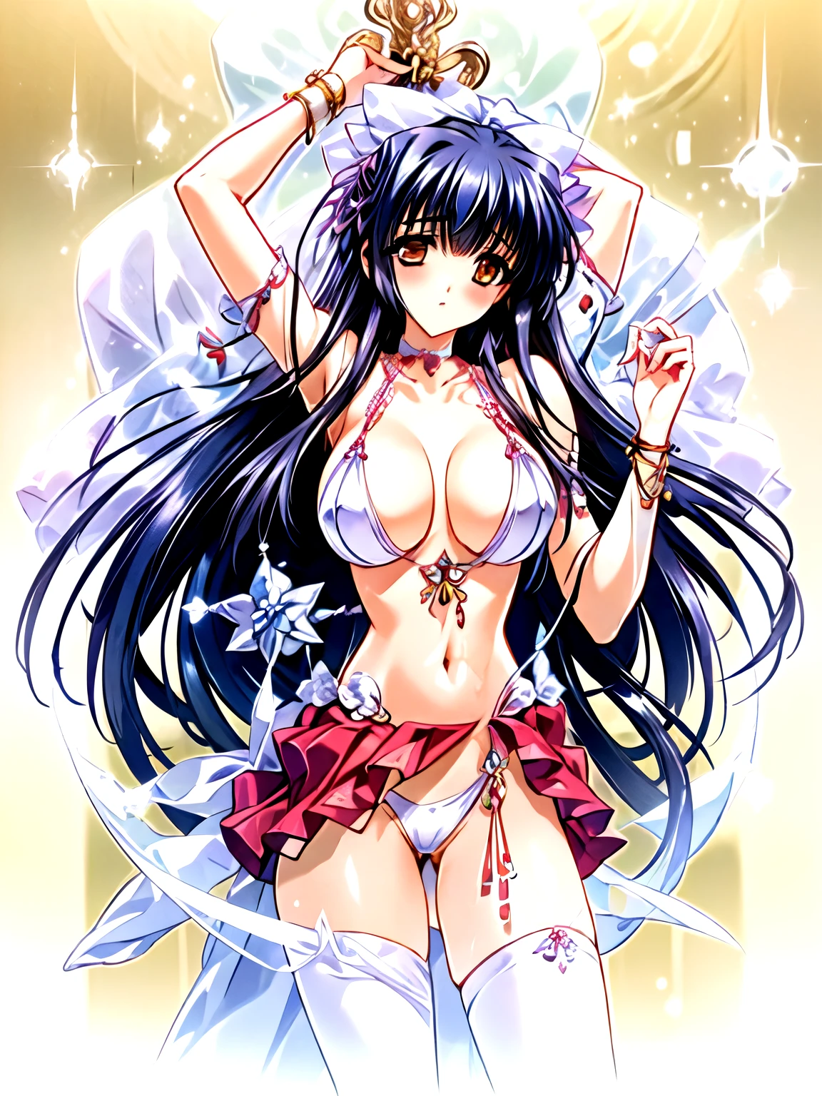 (crystal artifact), (metallic accessory), (erotic priestess), (white bikini)(gold rim), (thin thong)(narrow thong)sharp(highleg), narrow constricted waist, bellybutton, narrow hips, transparent skirt, fantasy, mythical altar, (stone sculpture)encrypting