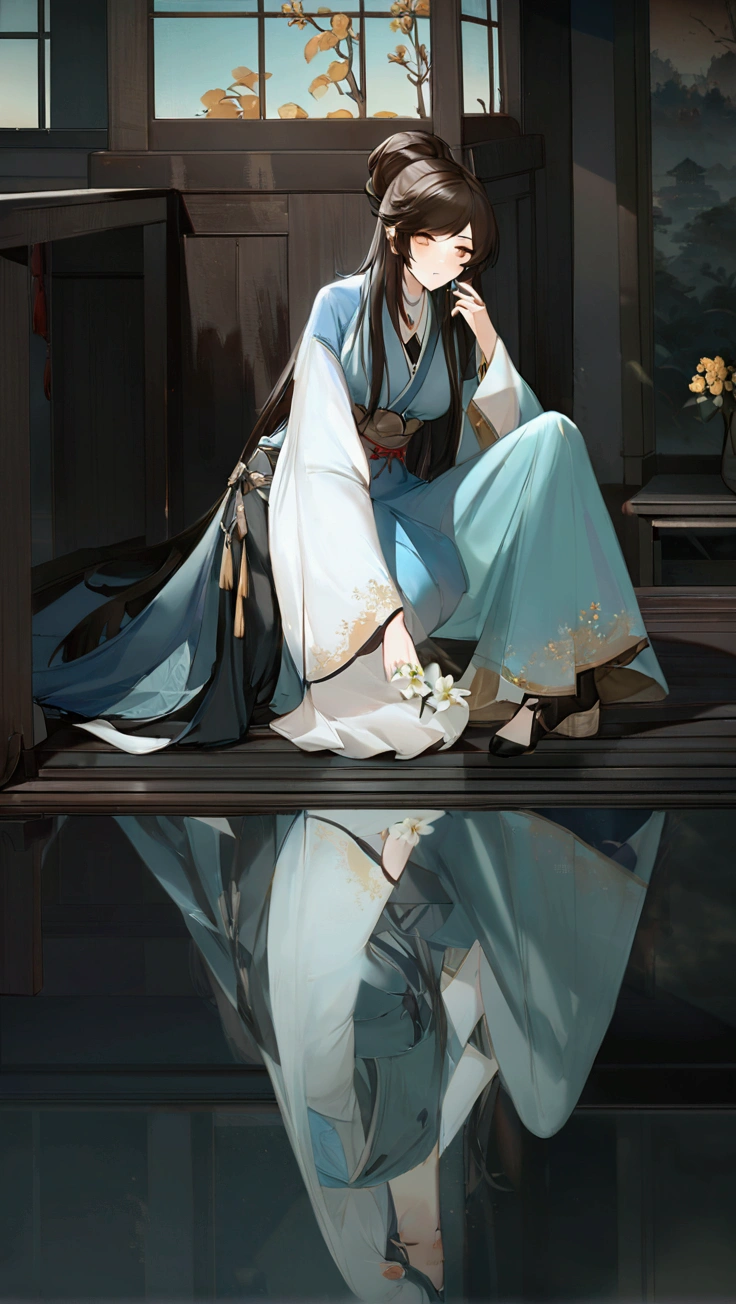 (hair swept bangs:1.3), (long brown hair:1.3), arafed woman in a blue dress kneeling on a bench with a flower in her hand, palace , a girl in hanfu, by Zhang Yin, by Zhang Han, inspired by Chen Yifei, ethereal beauty, by Zhou Wenjing, by Xia Yong, inspired by Ma Yuan, by Tang Yifen, by Yuan Yao, by Qiu Ying, from girls frontline, fine details. girls frontline, girls frontline style, girls frontline cg, female protagonist 👀 :