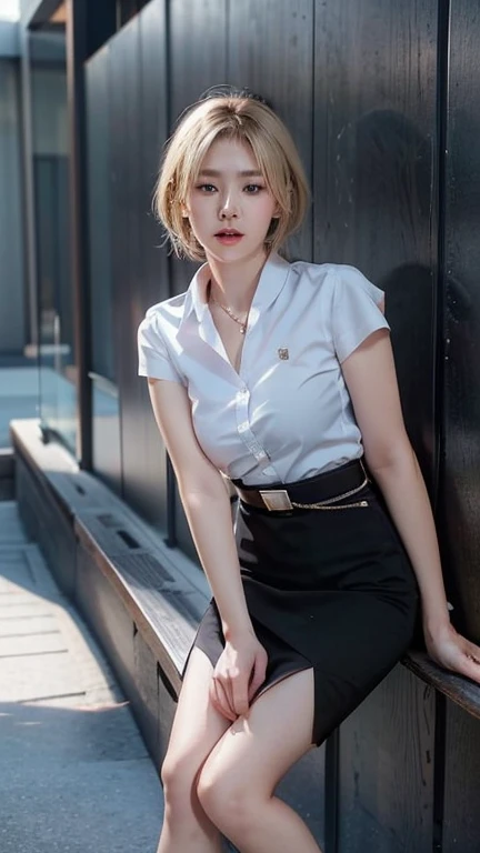 Pretty thai woman blonde hair , (8k, best quality, masterpiece, ultra highres:1.2) Photo of Pretty thai woman beautiful, beautiful enchanting fashion contemporary painting with , (1girl), (white shirt short sleeves), ((black pencil skirt)), belt, ((hand down)), blonde hair , short hair, , realistic skin texture, looks up, (nudity), round chin, 85 mm art lens, f 1. 2, sharp focus, 8 k high definition, insanely detailed, intricate, elegant, large breasts, black skirt