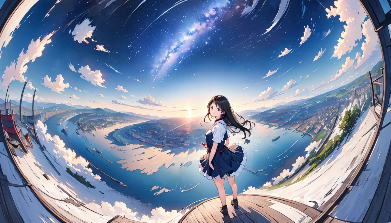 (absurderes:1.3), Best Quality, hight resolution, (1girl in:1.3), Solo, (Point to the sky、put hands on the hip:1.3), (Arm up, point at viewer:1.3), open stance, grin, (Glowing eyes:1.1),
BREAK, (The whole picture, the panorama, a panoramic view:1.3), (From  above:1.3), Looking Up, Looking at Viewer,
BREAK, (Starry sky:1.3), Standing in space, Spotlight,