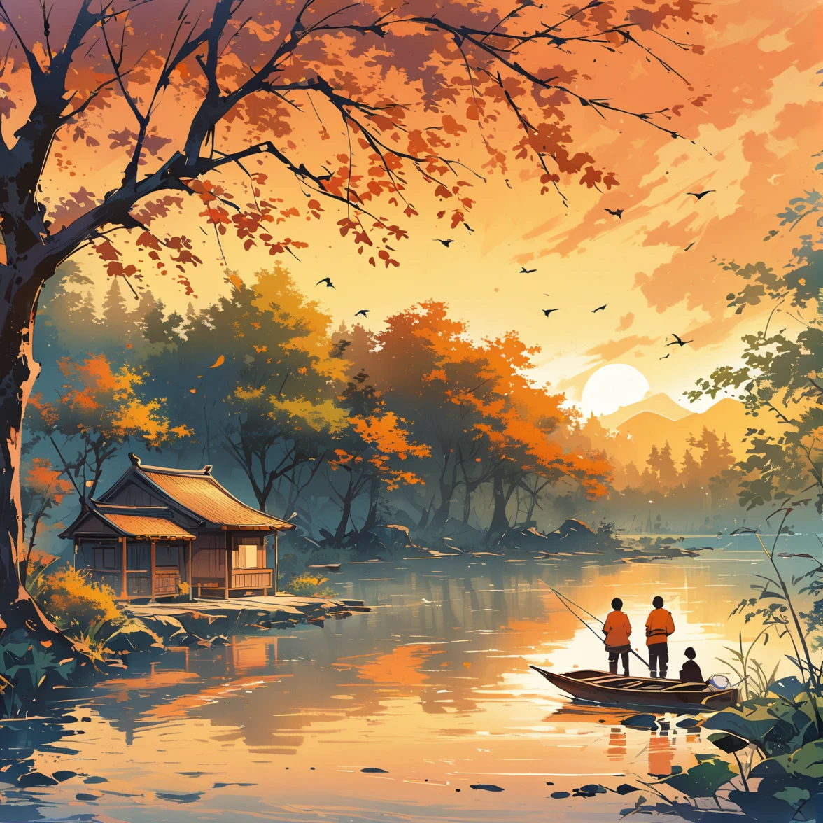 There is a tree with few leaves by the lake,there are two boys on a boat fishing。The reflection of the setting sun in the water,Reflected silhouettes of trees,orange tones,InkStyle,High definition