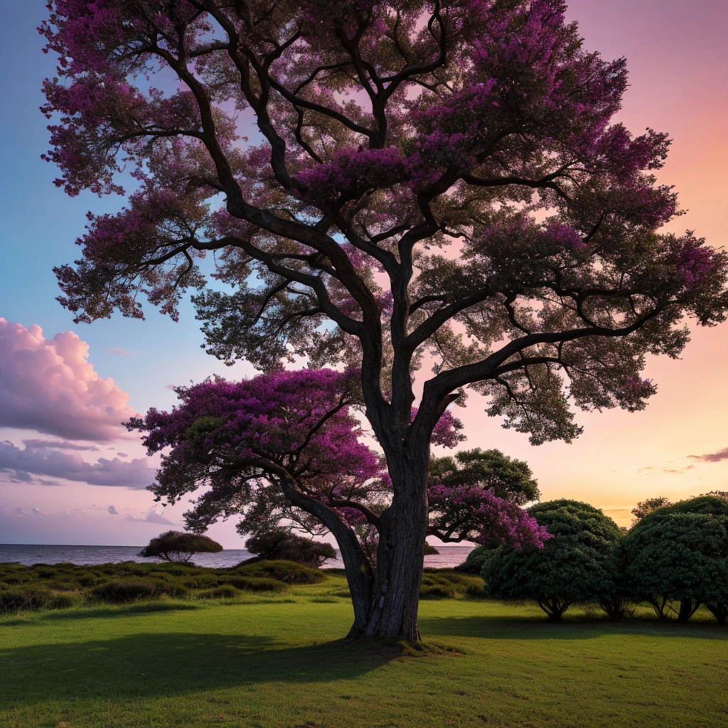 generate a Full HD image of a tree closest to its location, a little psychedelic and darker tones, but with some colors. some details, the tree on a large island with plenty of trees in the background