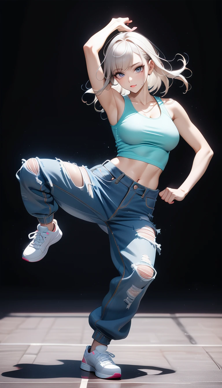 (Generated in SFW:2.0), masterpiece, Highest quality, Realistic photos, RAW Photos, dynamic dancing woman, alone, Beautiful Face, Bangs that fall on the forehead, Casual clothing, (Tight tank top:1.2), (Denim shorts:1.2), Sleeveless, Seductive body lines, alluring looks, break, Cool dance, break, Hip Hop Dance, (Black background color:1.5), (A dark background to make your subject stand out:1.1), (Focus on the eyes), (Full Body Shot:1.2), break, Street dance, Hip Hop Dance, Club dance, dynamic pose, dynamic, Moments that captivate you, Concentrated face, View your audience, bend, Spread your legs, Cool pose, Applying random anagrams to create completely different new works, ((( hips, breast)))