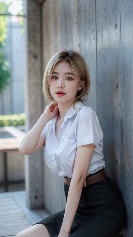 Pretty thai woman blonde hair , (8k, best quality, masterpiece, ultra highres:1.2) Photo of Pretty thai woman beautiful, beautiful enchanting fashion contemporary painting with , (1girl), (white shirt short sleeves), ((black pencil skirt)), belt, ((hand down)), blonde hair , short hair, , realistic skin texture, looks up, (nudity), round chin, 85 mm art lens, f 1. 2, sharp focus, 8 k high definition, insanely detailed, intricate, elegant, large breasts, black skirt