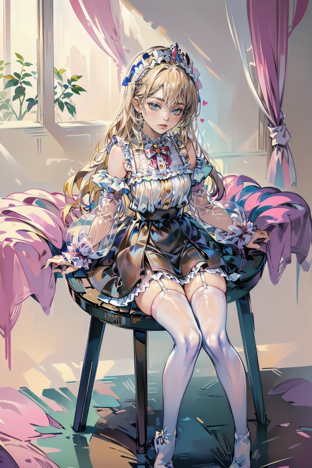 ((Highest quality)), ((masterpiece)), (detailed), (nsfw), the cartoon girl is sitting on the couch wearing a pink outfit and holding a bottle, 1girl, 独奏, thighhighs, twintails, pelvic curtain, white thighhighs, double bun, breasts, long hair, blush, blue eyes, looking at viewer, chinese clothes, sitting, spread legs, open mouth, tongue out, naughty face, pussy