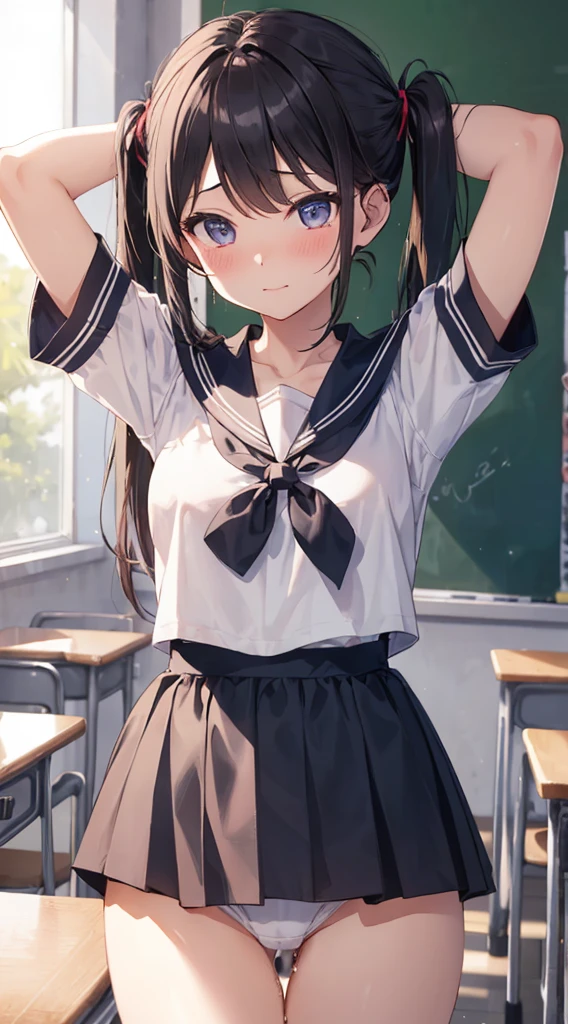 nsfw,alone, (One girl), girl,single, , ((White panties)), (wearing only the top half of sailor school uniform), Sailor with un-folded hems, sexy, (Cowboy Shot), ((Put your arms behind your head)), classroom, With a girl:Her hair is long and black, Her face is round and cute, Black Hair, Low twin tails, (Are standing),(Shy, Embarrassing),((pussy juice))、I'm not wearing a skirt,Wet crotch、Wet,