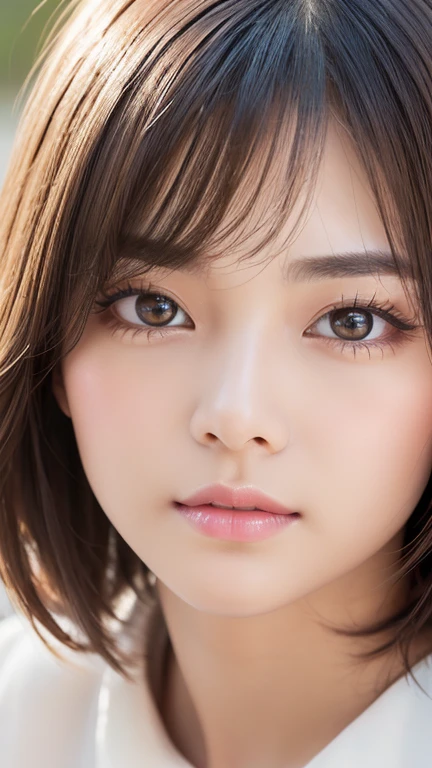 high resolution portrait。With a symmetrical face、Have clear, smooth skin and a radiant complexion。The facial features are well defined、((Big eyes、Short nose、Characterized by plump lips))。(Eyes are large、They have long, thick eyelashes and round eyes.、Have perfectly trimmed, thick eyebrows)。overall「cute」Impressive facial features。The makeup is natural yet sophisticated.、Light foundation、Pink blush、Subtle contouring、Neutral eyeshadow、A Sprinkle of Highlights、Uses soft pink lipstick。((Her hair is a shaggy pixie cut、Has a soft texture around the face))、wearing delicate jewelry。The background is simple and elegant.、The focus is on her face.。The lighting is soft and inviting、Enhance her features、It gives a fresh impression。