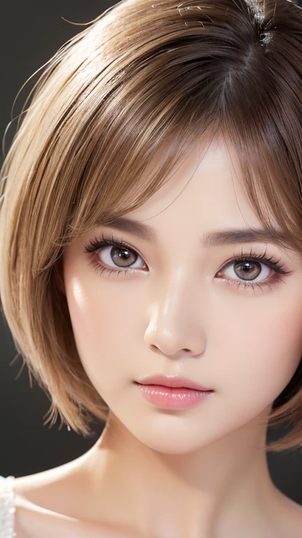 high resolution portrait。With a symmetrical face、Have clear, smooth skin and a radiant complexion。The facial features are well defined、((Big eyes、Short nose、Characterized by plump lips))。(Eyes are large、They have long, thick eyelashes and round eyes.、Have perfectly trimmed, thick eyebrows)。overall「cute」Impressive facial features。The makeup is natural yet sophisticated.、Light foundation、Pink blush、Subtle contouring、Neutral eyeshadow、A Sprinkle of Highlights、Uses soft pink lipstick。((Her hair is a shaggy pixie cut、Has a soft texture around the face))、wearing delicate jewelry。The background is simple and elegant.、The focus is on her face.。The lighting is soft and inviting、Enhance her features、It gives a fresh impression。