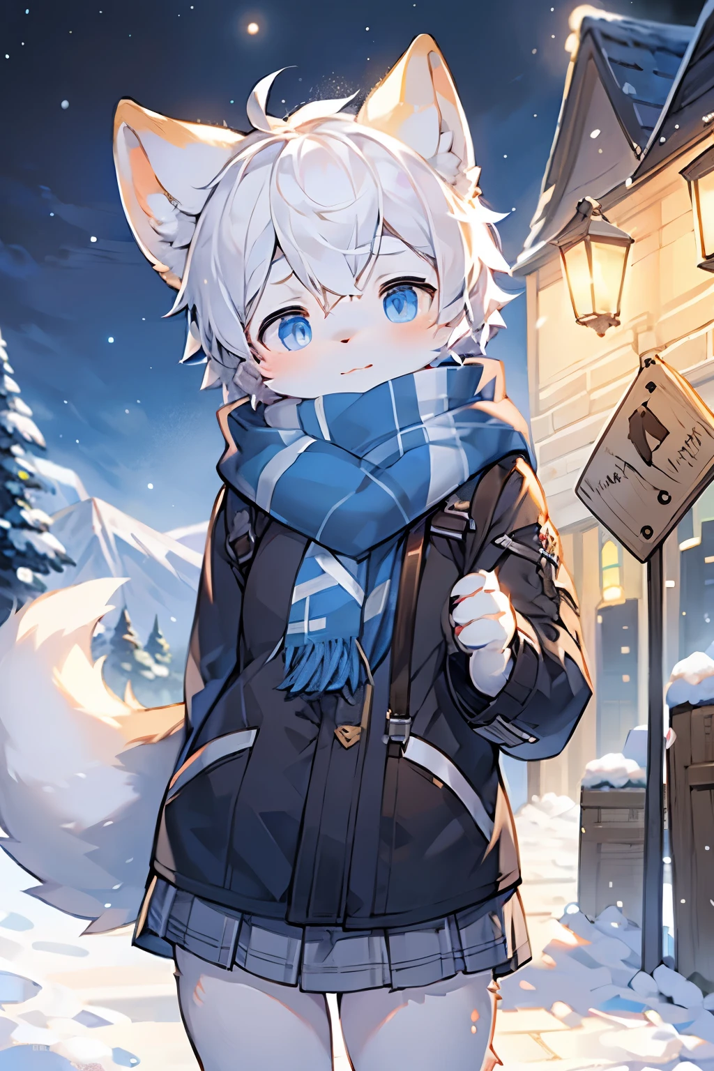 Arctic Fox Girl，Furry girls，Baby characteristics，White hair，White skin，scarf，Short skirt，Nordic snow mountain background，Northern Lights，ski