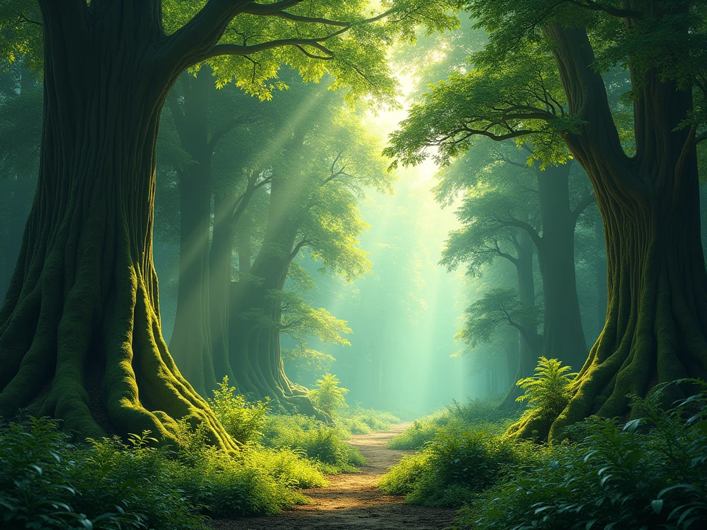 Lush scene of the Forest Kingdom: dense, Real scenes, movie shots,ancient forests with towering trees and vibrant greenery. Sunlight filters through the canopy, creating dappled light on the forest floor. Peaceful and vibrant.