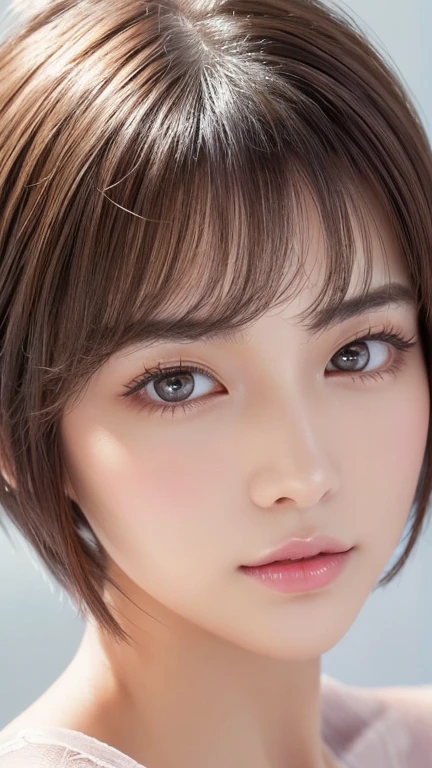 high resolution portrait。With a symmetrical face、Have clear, smooth skin and a radiant complexion。The facial features are well defined、((Big eyes、Short nose、Characterized by plump lips))。(Eyes are large、They have long, thick eyelashes and round eyes.、Have perfectly trimmed, thick eyebrows)。overall「cute」Impressive facial features。The makeup is natural yet sophisticated.、Light foundation、Pink blush、Subtle contouring、Neutral eyeshadow、A Sprinkle of Highlights、Uses soft pink lipstick。((Her hair is a shaggy pixie cut、Has a soft texture around the face))、wearing delicate jewelry。The background is simple and elegant.、The focus is on her face.。The lighting is soft and inviting、Enhance her features、It gives a fresh impression。