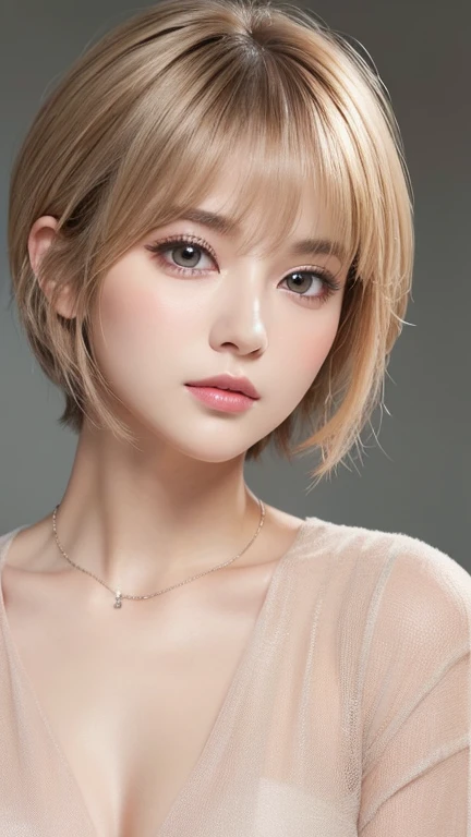 high resolution portrait。With a symmetrical face、Have clear, smooth skin and a radiant complexion。The facial features are well defined、((Big eyes、Short nose、Characterized by plump lips))。(Eyes are large、They have long, thick eyelashes and round eyes.、Have perfectly trimmed, thick eyebrows)。overall「cute」Impressive facial features。The makeup is natural yet sophisticated.、Light foundation、Pink blush、Subtle contouring、Neutral eyeshadow、A Sprinkle of Highlights、Uses soft pink lipstick。((Her hair is a shaggy pixie cut、Has a soft texture around the face))、wearing delicate jewelry。The background is simple and elegant.、The focus is on her face.。The lighting is soft and inviting、Enhance her features、It gives a fresh impression。