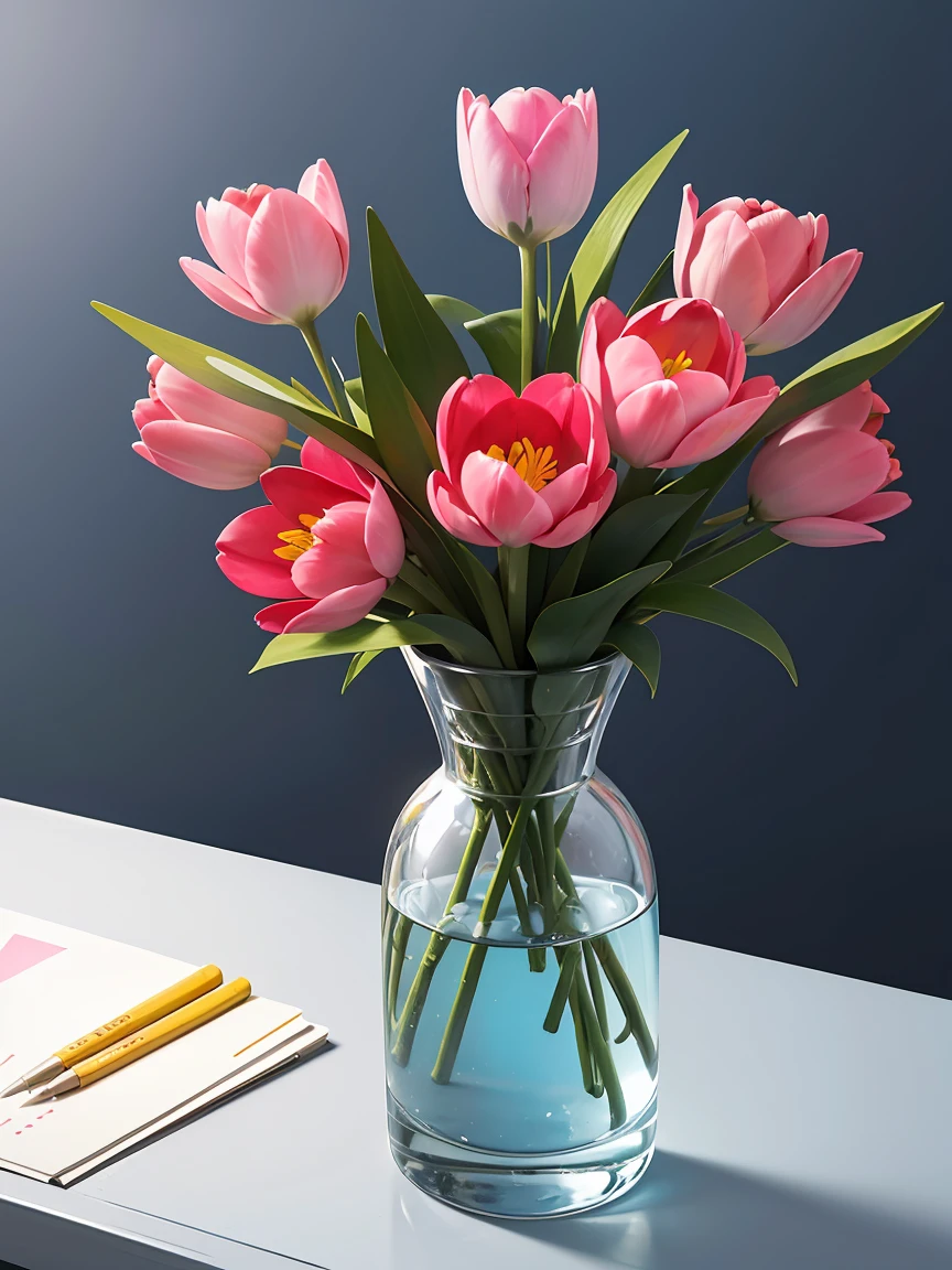 Angular geometric shapes, Random modern geometric pattern background, Tulips close-up, sketch, Modern Art, Vibrant colors, Colorful flowers, vase