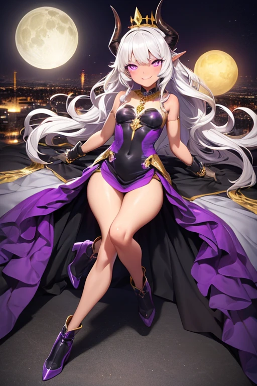 ((best quality)), ((masterpiece)), (detailed), 1 girl, full body, 20s, brown skin, dark elf, african american, flirty face, young adult, evil smile, purple eyes, moons in eyes, black sclera, white hair, somewhat wavy hair, long hair, bangs, blushing, medium breasts, small braid, gold necklace, crown, very small black horns, purple and white witch dress, bare arms, cloth on arms, seductive legs, purple boots, fan, golden wristbands, purple gloves, city background, magic, anime