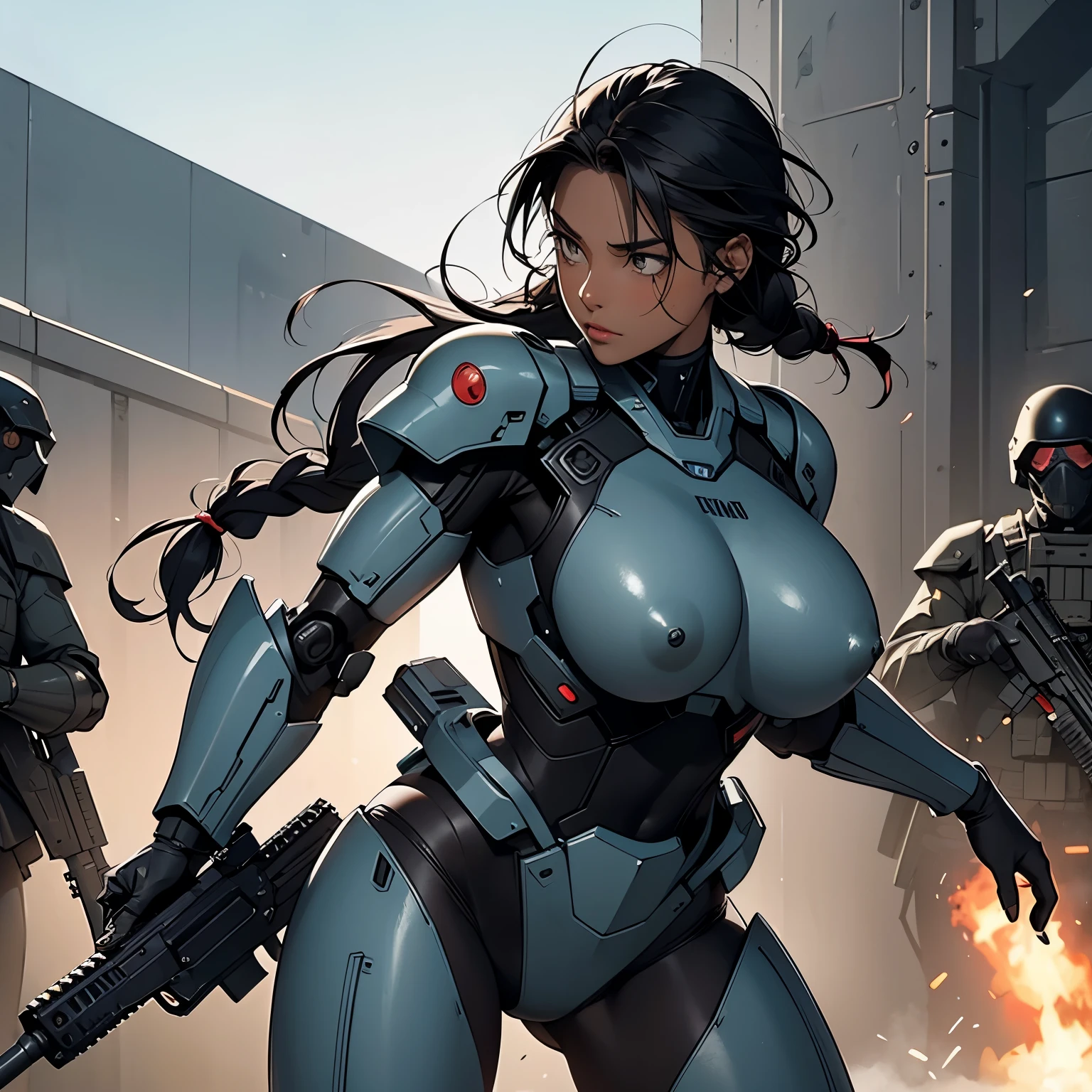 nsfw, anime screencap, 16K, perfect anatomy proportion body, perfect hands, action, A dynamic composition with a sense of speed and movement, (Hold an assault rifle:1.6), a wife, 40age, perfect beautiful delicate sexy face, perfect beautiful delicate eyes, braid-in-braid black hair, (dark skin:1.6), huge breasts, Camouflage colored heavy armor robotic steam engine full armor powered suit, Many robot soldiers having a gunfight in the background, Flying bullets, Urban battlefields, war, cyber punk,