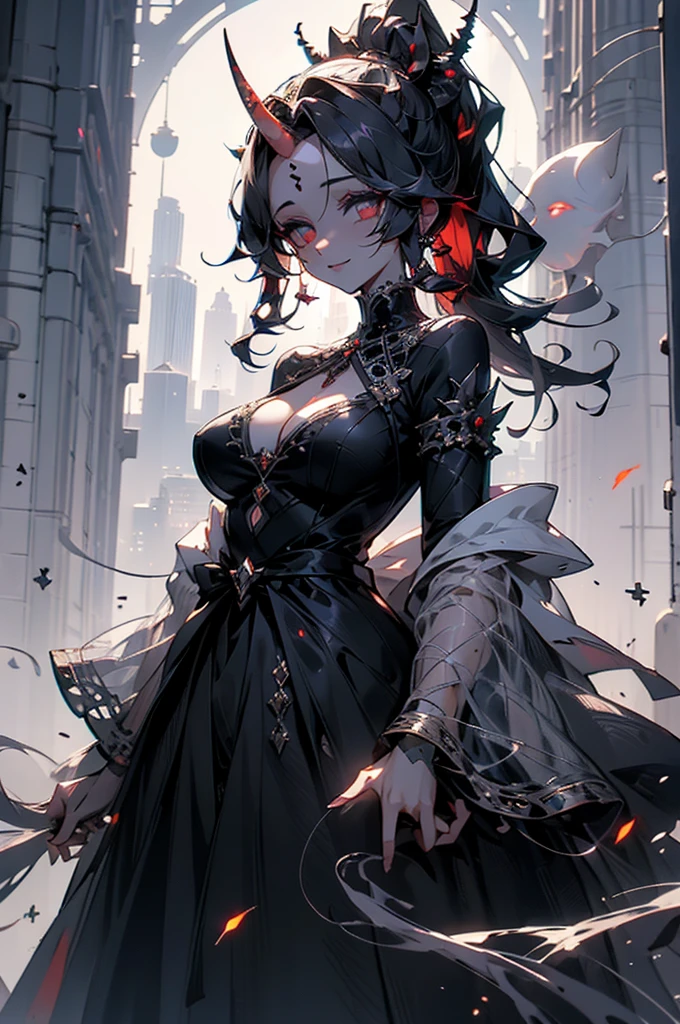 (((beautiful))), (((dress, horn, , ghost, devil))), ((Black Hair, parted bangs, forehead, ponytail)), One Woman, Large Breasts, Saggy tits, Cleavage, Waistline, belly button, Glowing Skin, (((Intricate details))), High resolution, ((Intricate details, Ultra-detailed)), Are standing, from front, (looking at viewer, look at viewer), smile, city, night, moon,