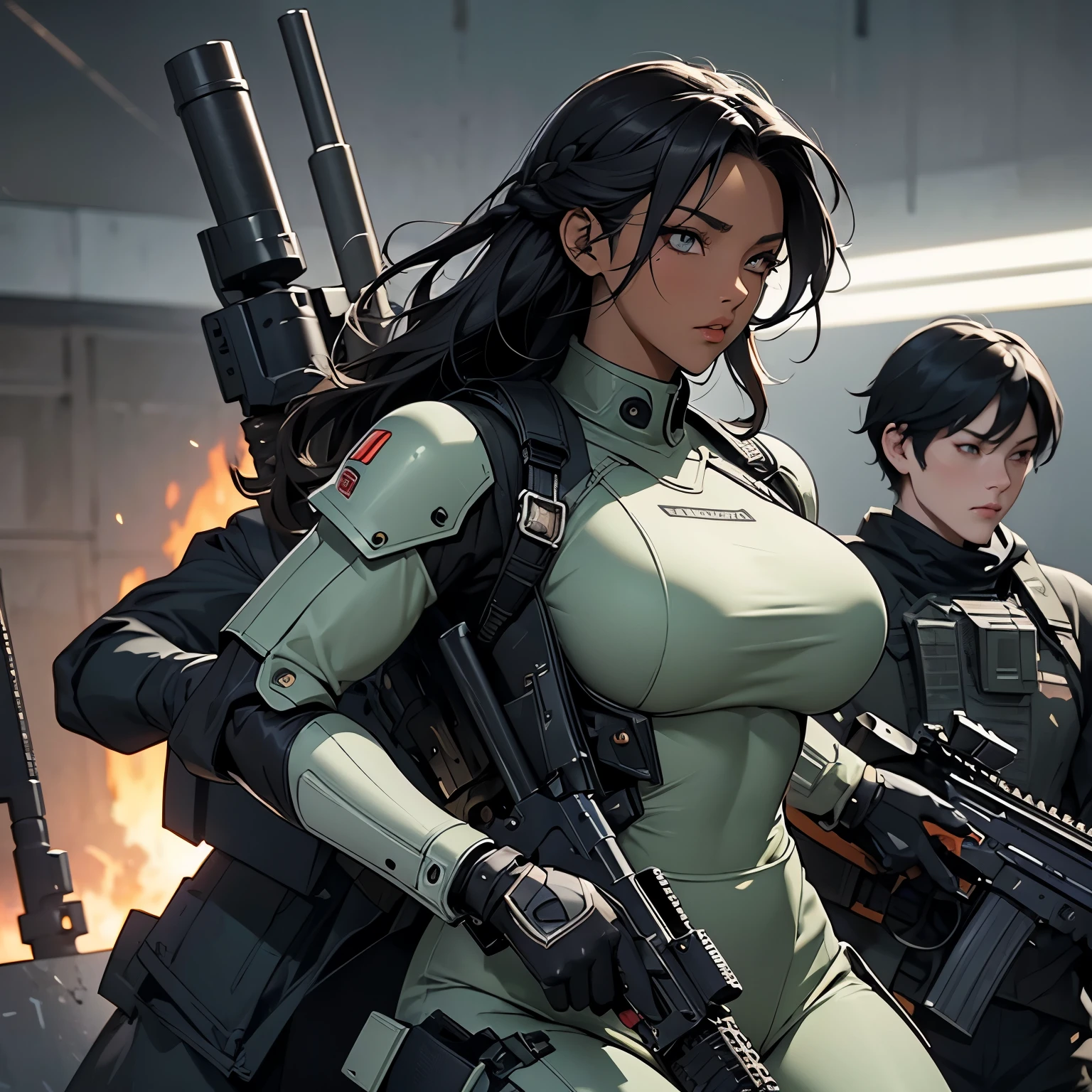 nsfw, anime screencap, 16K, perfect anatomy proportion body, perfect hands, action, A dynamic composition with a sense of speed and movement, (Hold an assault rifle:1.6), a wife, 40age, perfect beautiful delicate sexy face, perfect beautiful delicate eyes, braid-in-braid black hair, (dark skin:1.6), huge breasts, Camouflage colored heavy armor robotic steam engine full armor powered suit, Many robot soldiers having a gunfight in the background, Flying bullets, Urban battlefields, war, cyber punk,