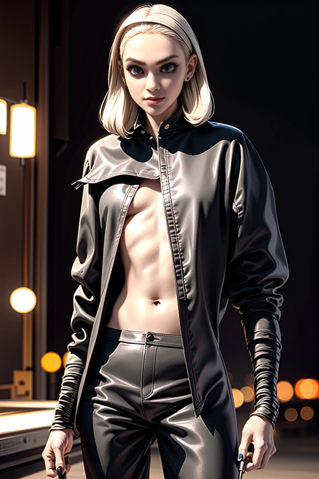 masterpiece, of the highest quality, (Focus only), (perfect face:1.1), (High detail:1.1),dramatic, 1 chico, (Pale skin), by the wide y blanco, white eyes, [light eyebrows], Alone, by the wide, officer, evening, white luxury suit, covered navel, sensual lips, covered, futuristic city, detailed background, Art by Artgerm and Greg Rutkowski, cinematic lighting, rose, fashion, BalenciagaStyle