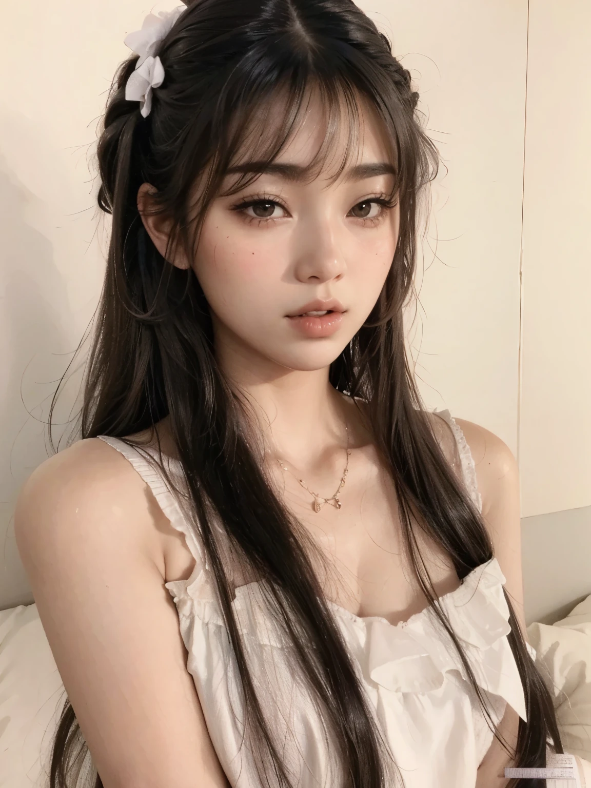 Close-up of a woman with long hair wearing a pink ribbon, Best Face, Korean woman, neat hair With bangs, Beautiful Korean Woman, she has black hair With bangs, long hair With bangs, sakimichan, Cabello largo With bangs completo, With bangs, Larissa Manoval, long, straight bangs, Beautiful young Korean woman