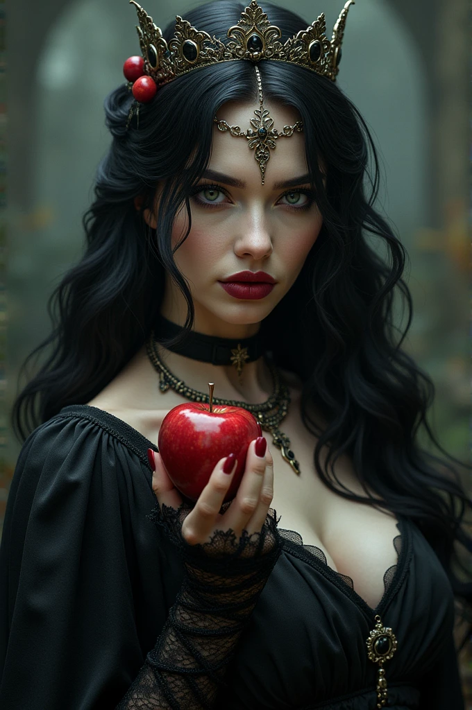 girl,black long hair,Black queen,Accessories,An apple in your hand,poisonous apples,Queen Witch,Red lipstick