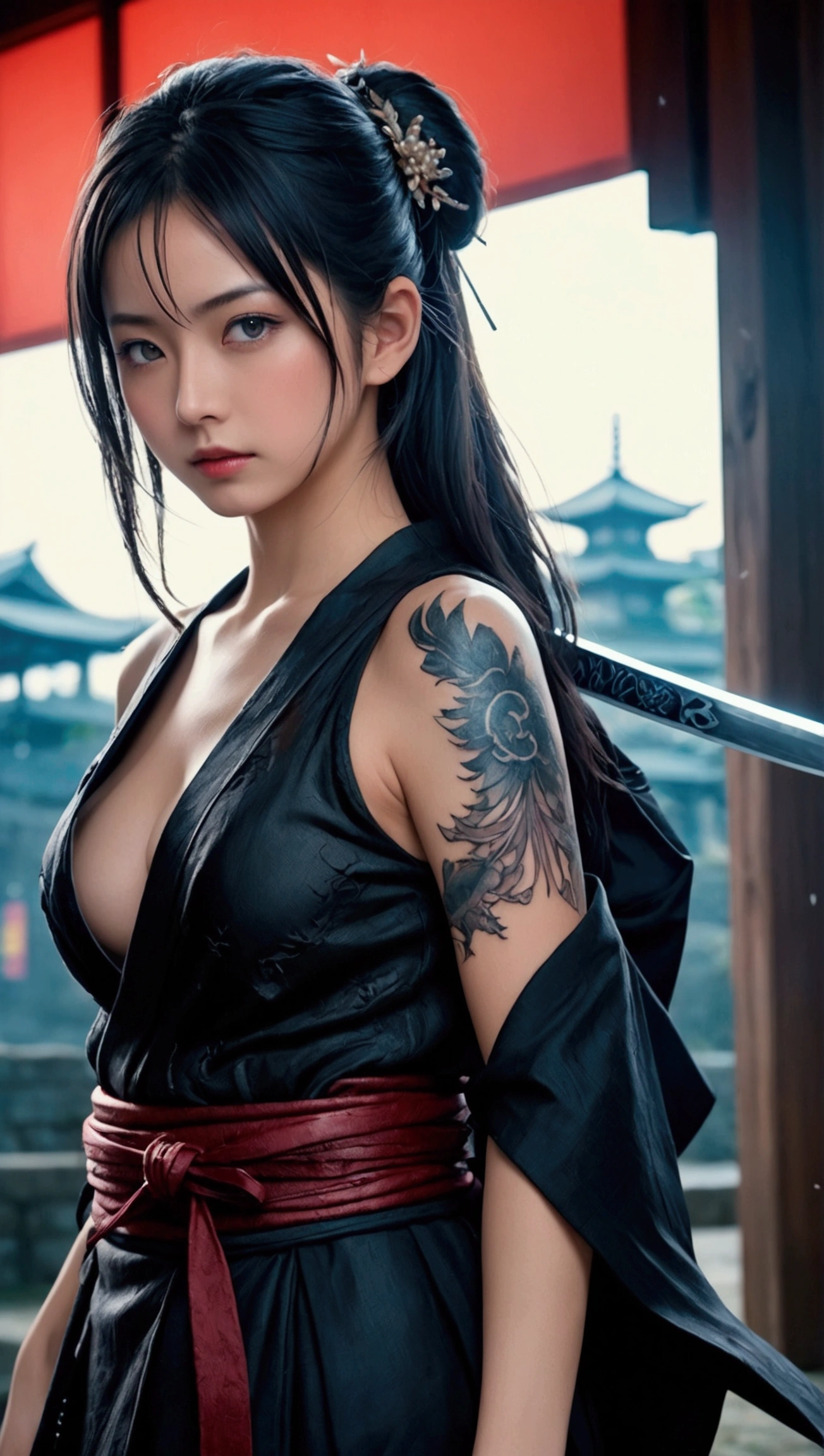 (Japanese sword &reference;Muramasa 2&reference;.2)Beautiful 27 year old woman、Japanese women、Tie your hair back、Hair ornament artist、Warrior、Clear Eyes、{Arm tattoo(SakuraFubuki}’Warrior、(Japanese swordを両手で構える、1.3)(Japanese sword1.2)Intermediate position、whole body、A long-edged sword、Realistic battle scenes、敵Warriorの返りBlood、Blood、High resolution、Highest quality、Very detailed、8k、background、The castle is burning、Sparks fly、