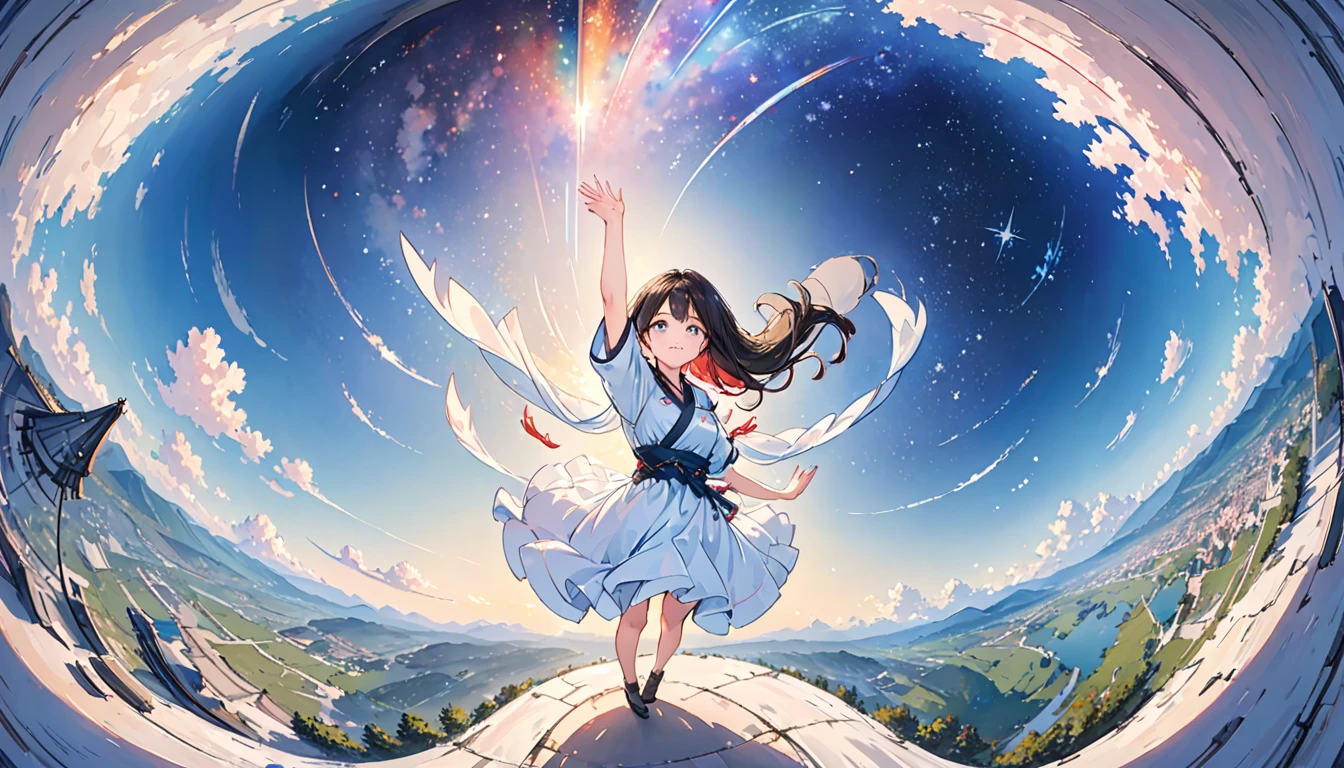 (absurderes:1.3), Best Quality, hight resolution, (1girl in:1.3), Solo, (Point to the sky、put hands on the hip:1.3), (Arm up, point at viewer:1.3), open stance, grin, (Glowing eyes:1.1),
BREAK, (The whole picture, the panorama, a panoramic view:1.3), (From above:1.3), Looking Up, Looking at Viewer,
BREAK, (Starry sky:1.3), Standing in space, Spotlight,