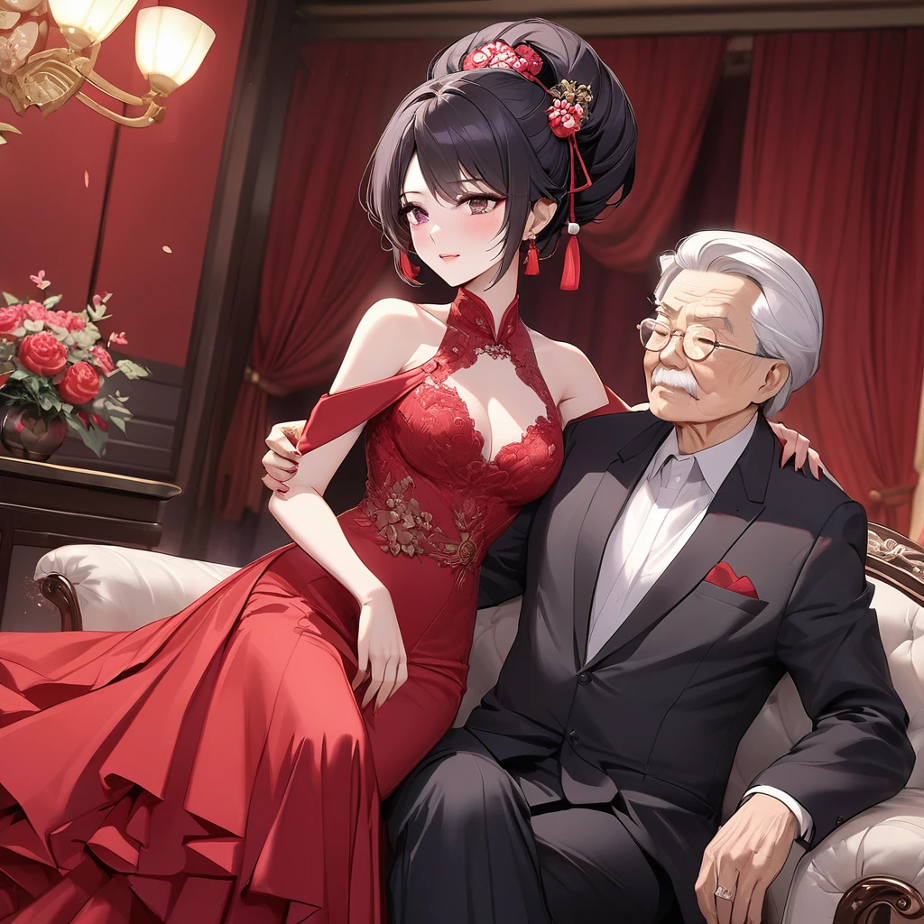 ((Highest quality)), ((masterpiece)), (detailed), （Perfect Face）、The woman is a Chinese woman named Kocho Shinobu.。, Purple gradient bob black hair and formal evening hairstyles. She is wearing an engagement ring. She is a prominent member of the Chinese Communist Party.、She is the wife of a great old Communist Party official.、The woman is beautifully dressed in a gorgeous and glamorous red wedding dress typical of the Chinese Communist Party.、A loving couple is seen passionately embracing a dignified elderly Communist Party official on a luxurious sofa in a luxurious room, the man fondling the woman&#39;s breasts and caressing her body.。A loving Chinese Communist couple