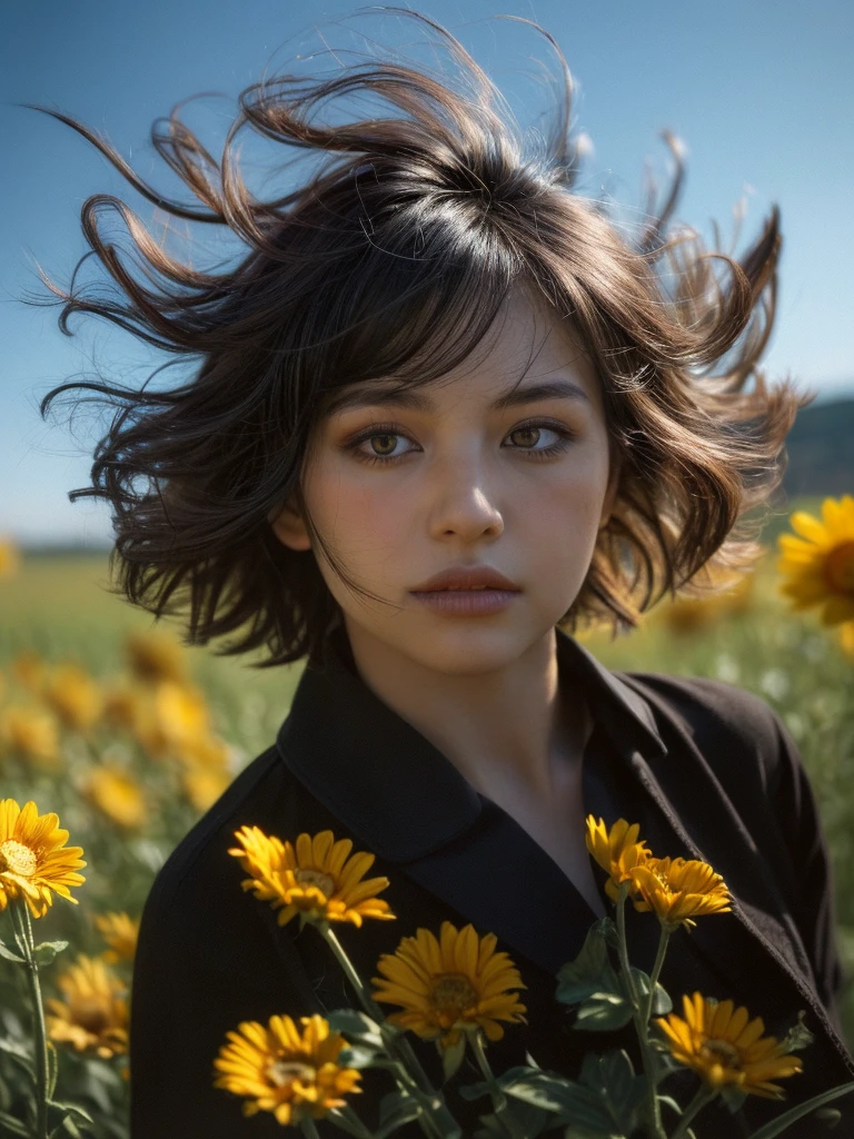 (Detailed wide shot:1.3), (best quality image:1.5)(Black short hair blowing in the wind:1.3), 1girl, sweet face, kazakh, wearing black woollen shirt and skirt, (hair covering face:1.2), in dahlian meadow, summer, sunlight, surreal view, real object, (dyanamic posing:1.3), looking at viewer, detailed face and eyes, sharp focus, dramatic shadow, ultra highly detailed, film looks, realism, (wide below angle:1.4)