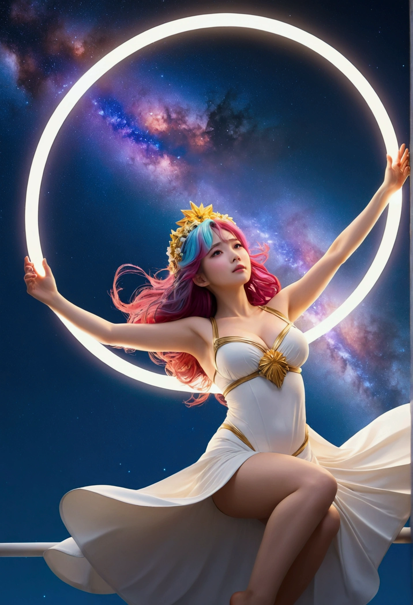 high quality, 最high quality,  美しいgoddess, Large Breasts, (floating, space, milky way, Benten), Warm lighting, goddess, milky way, scenery, Colorful hair wreath, {{{最high quality}}}, {{Very detailed}}, {shape}, Movie angle, {Detailed light},Cinema Lighting, Celestial, Dynamic pose