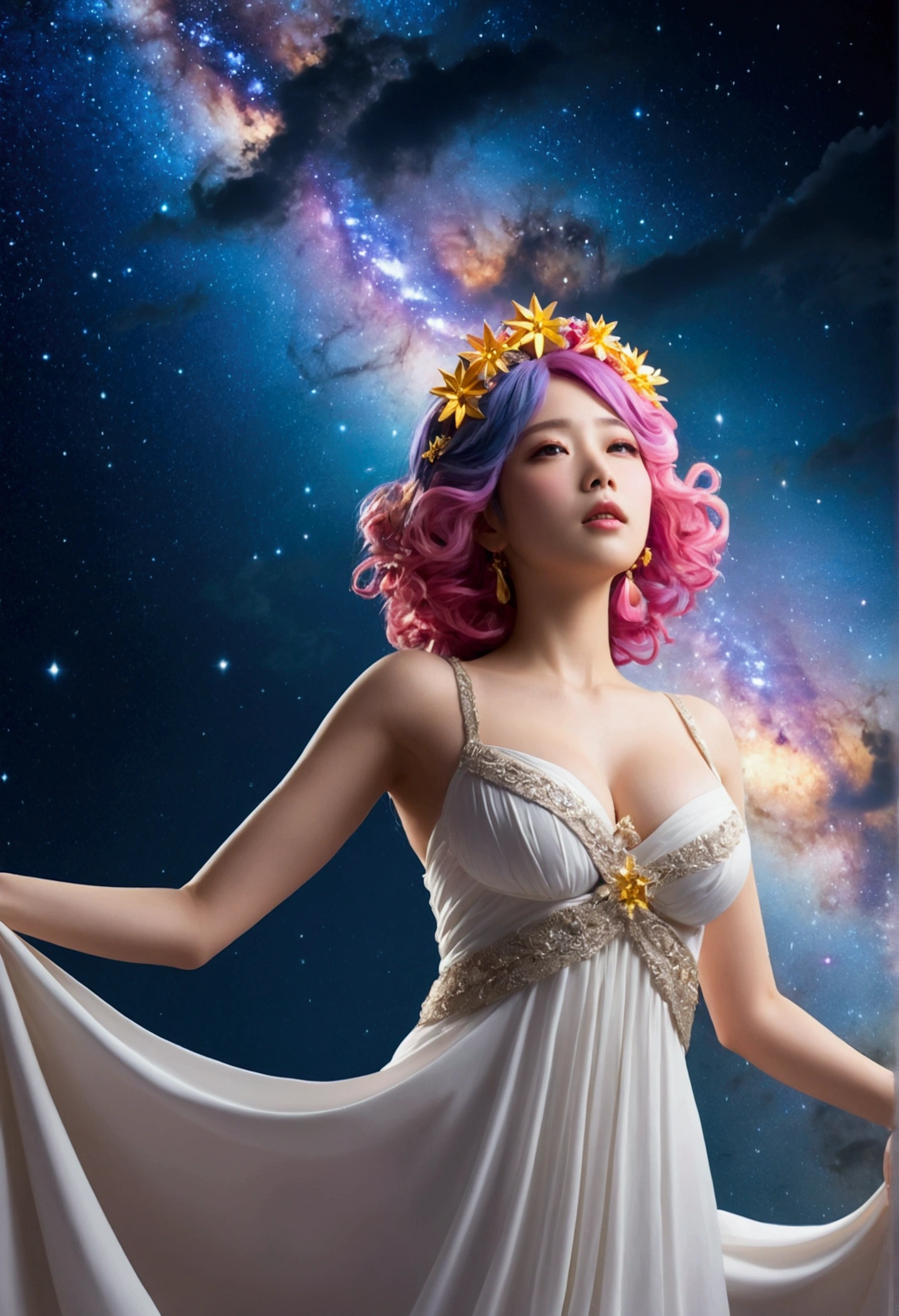 high quality, 最high quality,  美しいgoddess, Large Breasts, (floating, space, milky way, Benten), Warm lighting, goddess, milky way, scenery, Colorful hair wreath, {{{最high quality}}}, {{Very detailed}}, {shape}, Movie angle, {Detailed light},Cinema Lighting, Celestial, Dynamic pose