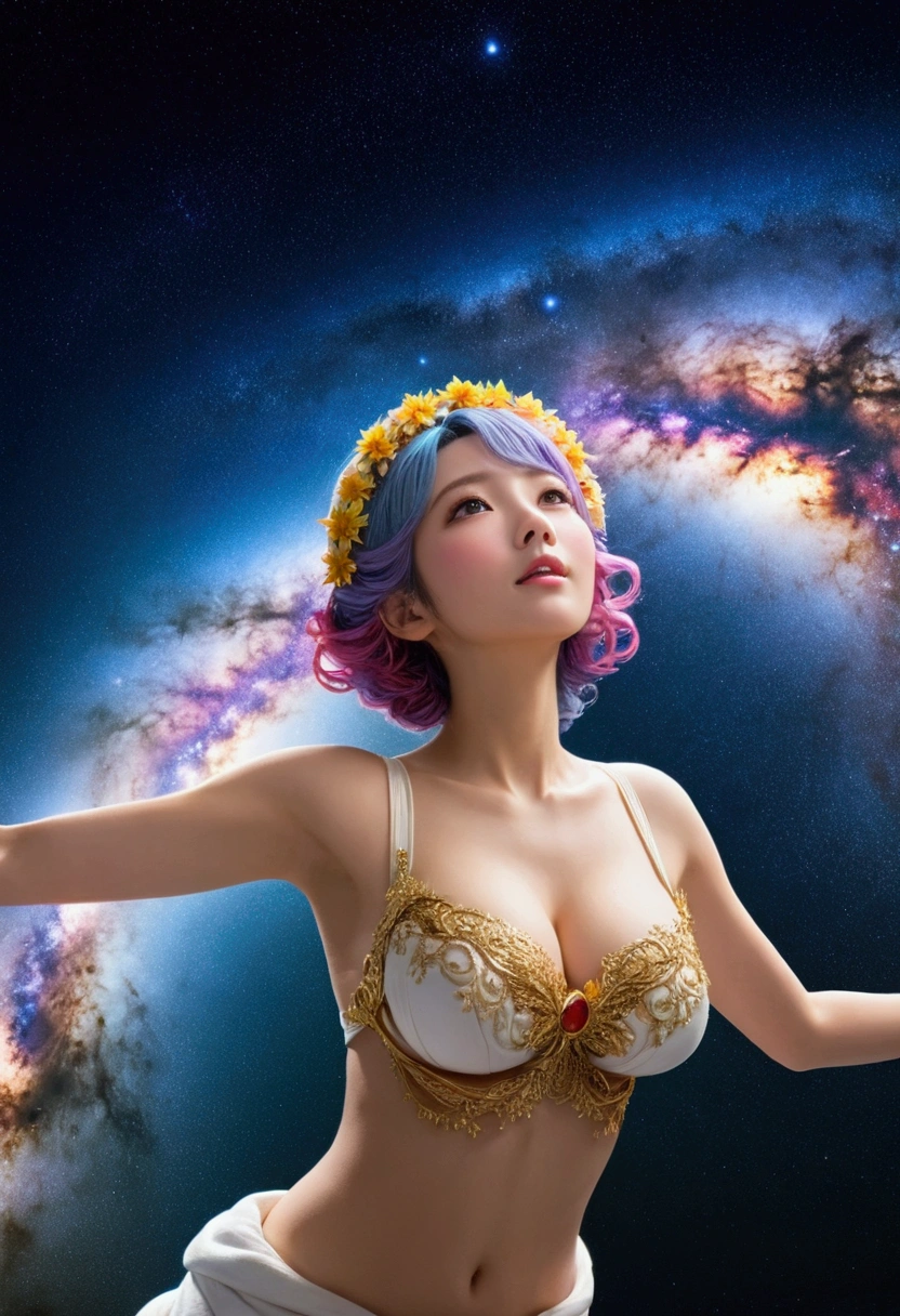 high quality, 最high quality,  美しいgoddess, Large Breasts, (floating, space, milky way, Benten), Warm lighting, goddess, milky way, scenery, Colorful hair wreath, {{{最high quality}}}, {{Very detailed}}, {shape}, Movie angle, {Detailed light},Cinema Lighting, Celestial, Dynamic pose