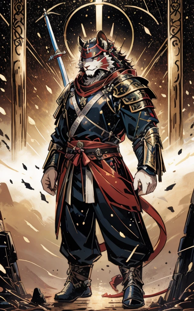 Brave, Great and noble lion samurai warrior,(((Whole body white fur))), Wearing very detailed red samurai armor,He wears a red mask on his head that resembles a demon., Sengoku period,He is holding a black and gold fan, Highly detailed background,by bestiary_style,creation myth,The man who created the world,Heaven and earth are opened, 完璧なmasterpiece, high quality, High resolution writing boundary depth, Perfect lighting, (Particles of light),(最high quality),(masterpiece),(Ultra Deshipped),Sharp focus,Particles of light