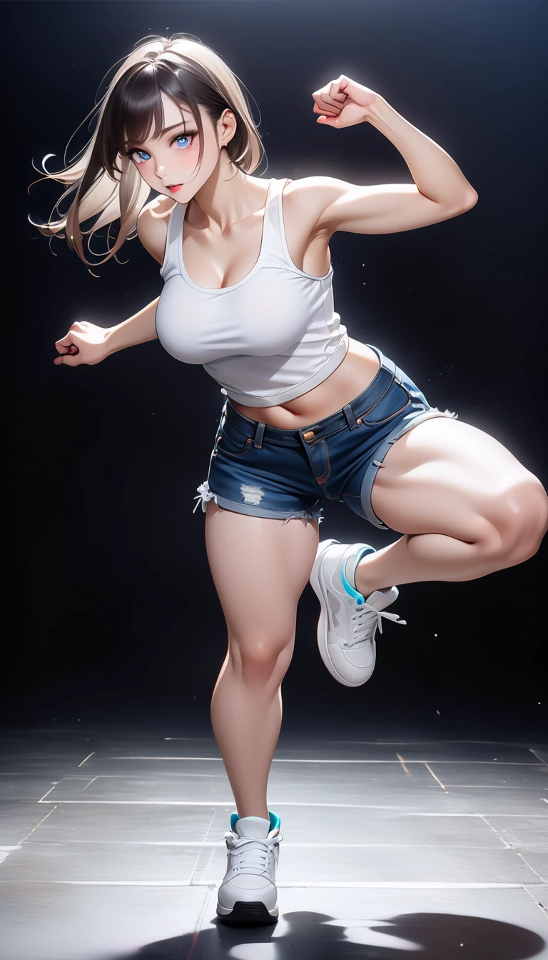 (Generated in SFW:2.0), masterpiece, Highest quality, Realistic photos, RAW Photos, dynamic dancing woman, alone, Beautiful Face, Bangs that fall on the forehead, Casual clothing, (Tight tank top:1.2), (Denim shorts:1.2), Sleeveless, Seductive body lines, alluring looks, break, Cool dance, break, Hip Hop Dance, (Black background color:1.5), (A dark background to make your subject stand out:1.1), (Focus on the eyes), (Full Body Shot:1.2), break, Street dance, Hip Hop Dance, Club dance, dynamic pose, dynamic, Moments that captivate you, Concentrated face, View your audience, bend, Spread your legs, Cool pose, Applying random anagrams to create completely different new works, ((( hips, breast)))